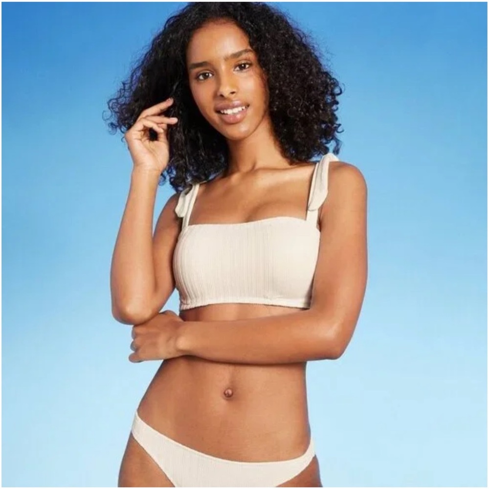 👙NWT👙 2 PC SET Bikini Bathing Suit Bandeau Tie Shoulder Ribbed Cream